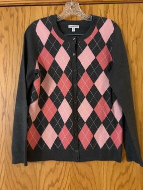 croft & barrow Charcoal Cardigan with Pink Argyle